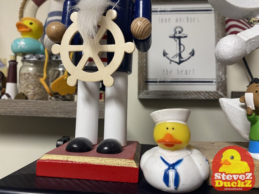 This one is called Navy Duck. I called him that because he is wearing a sailor type outfit. He is part of the Royal Duck Navy (RDN) and he is a sailor.