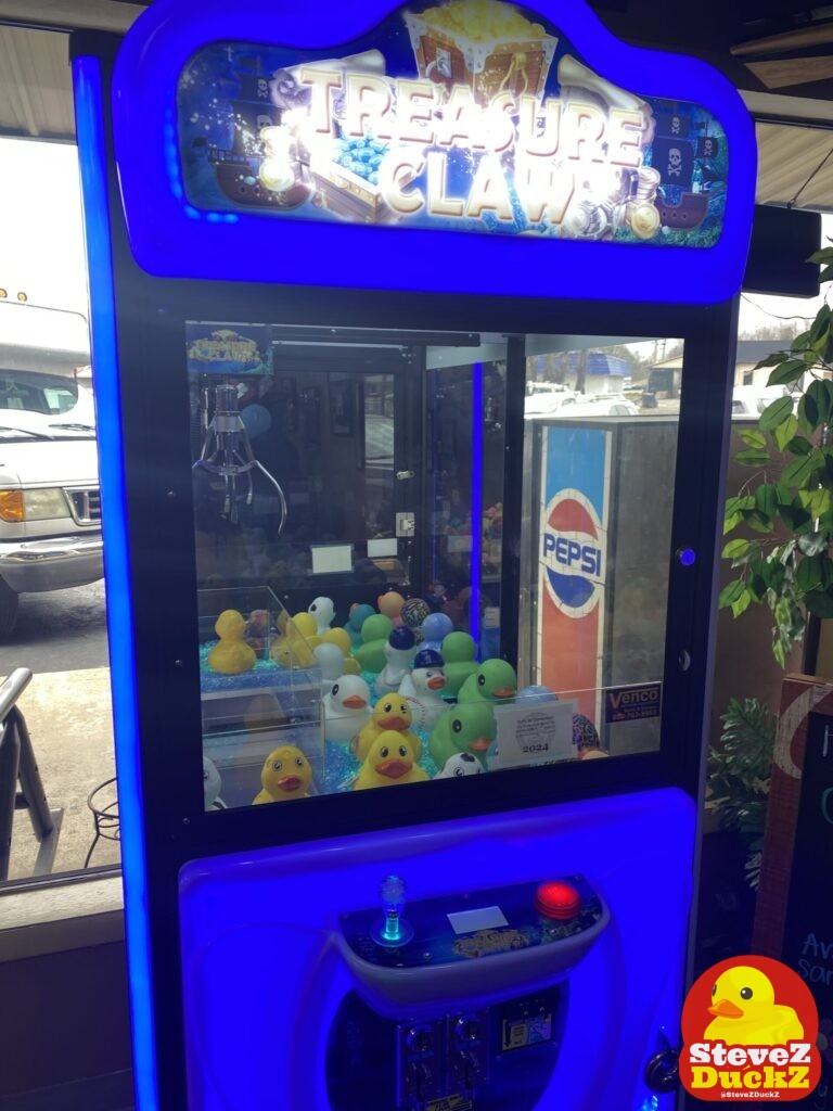 This is the second rubber duck claw machine at Rocky’s Pizza in Greenville, Tennessee has however this one is a harder more challenging claw machine. This one has big rubber ducks.​